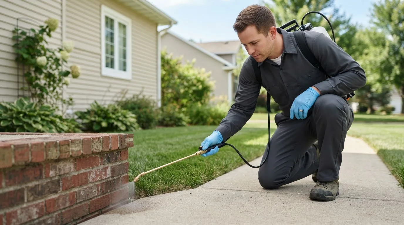 Pest control technician treating a home near Island Park, NY