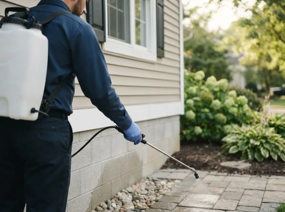 Pest control technician inspecting a home in Island Park, NY